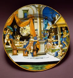 Joseph et la femme de Putiphar. Joseph fuyant la femme de Putiphar, qui cherche à le séduire. Plat en céramique produit à Urbino, Italie. Vers 1537. Musée national du Bargello, Florence