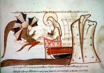 Voyage de Saint Brandan - Rencontre de Saint Brendan (Brandan), moine navigateur du 6ème siècle avec un monstre marin volant. Manuscrit Venise, 2ème moitié du 14ème siècle Paris, BNF, Manuscrits, Italien 1708, f. 16