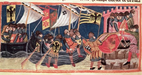 Jules César (100-44 av. J.-C.) débarquant en Angleterre, de Le Vite di Dodici Cesari par Gaius Suetonius Tranquillus (c.75-150)