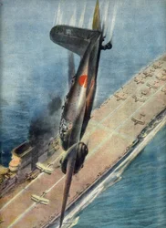 Kamikaze Abe attaquant un porte-avions britannique, illustration tirée de "La Domenica del Corriere", 5 novembre 1944 (impression)