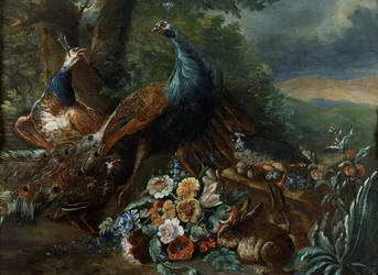 Paysage avec paon et gibier