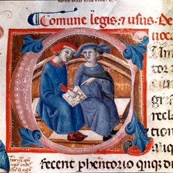 Lettrine décorée de deux personnages. Miniature tirée du codex « Breve delle Leggi comunali », index des lois de la République de Pise (1208-1307). 13ème siècle. Pise, archives nationales