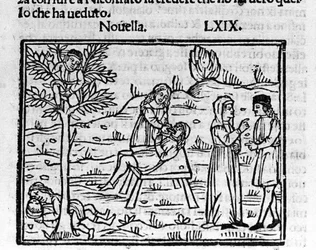 Lidia, une femme adultère, est surprise par son mari dans les bras de Pirro. Illustration pour la nouvelle 69 (Nouvelle 9 du septième jour) du "Décaméron" de Giovanni Boccaccio (1313-1375), écrivain italien. Gravure dans "Decamerone ouer Cento novelle" Ven