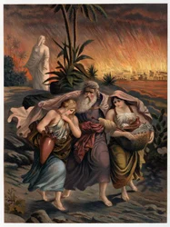 Loth échappe à la destruction de Sodome avec ses deux filles et sa femme est transformée en statue de sel - dans "Aurea Bibbia classica: storia della rivelazione divina nell