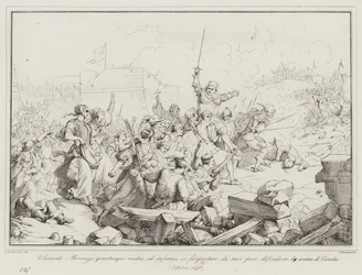 Luigi Leonardo Mocenigo, bien que vieux et malade, se fait porter par les siens pour défendre (gravure)