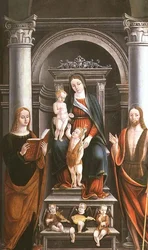 Madone et Enfant recevant une rose du petit Saint Jean-Baptiste, avec des saints et des anges par M.B. (monogramme)