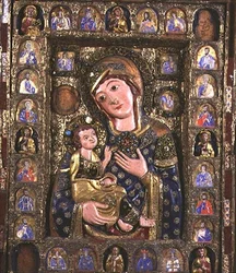 Madone et Enfant avec Évangélistes et Prophètes, panneau central du triptyque (détail)