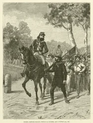 Mazzini, simple soldat, portait le drapeau Dieu et Peuple (gravure)