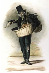 Métier milanais : un réparateur de parapluies, ombrelles et soufflets. Gravure de Locarno de 1830