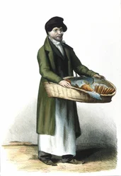 Métier milanais : un vendeur de biscuits et de gâteaux. Gravure de Locarno, 1830
