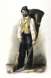 Métier milanais : un balayeur de rue. Gravure de 1830 Locarno