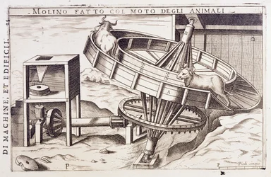 Moulin actionné par des animaux, gravure Italie