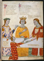 Miniature du Jugement de Pâris, avec Pallas Athéna, Junon et Vénus assises à une table, et Pâris donnant une branche d