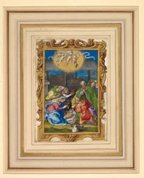 Miniature de la Nativité avec la Sainte Famille et des bergers dans une étable, avec trois putti portant un rouleau inscrit au-dessus et l
