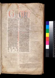 Ms 213. Grégoire IX, Decretales avec Apparatus par Bernardo Botone de Parme, F.1r. Initiale [G] en rouge avec décoration réservée et à la plume bleue