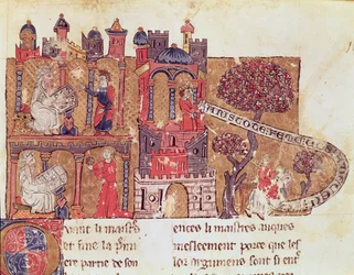 Ms 269 Fol.108 Aristote (384-322 av. J.-C.) instruit Alexandre le Grand (356-323 av. J.-C.) en morale et en mépris des femmes, du Livre du Trésor par Brunetto Latini (1220-94)