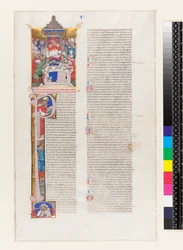 Ms 331 fol.1r Page de texte avec une initiale historiée P et une miniature représentant un cardinal sur son trône, du Livre V des Décrétales de Grégoire IX, de Bologne, vers 1350