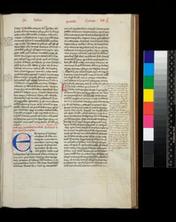 Ms 342. César, Opera, f.38r. Initiale [E] en bleu avec décoration à la plume en rouge