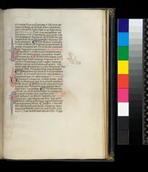 Ms 373. Pseudo-Cicéron, Rhetorica ad Herennium, et autres œuvres, f.50r. Initiales ornées de plumes et décoration à la plume dans la marge représentant un moine pieds nus agenouillé, vers 1337