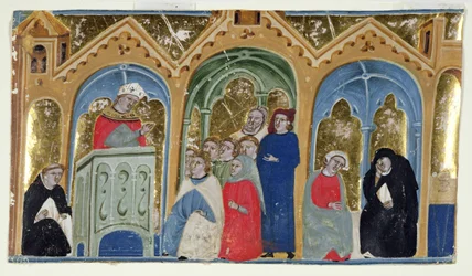 Ms. 400-2000: Miniature du Décret de Gratien montrant un évêque prêchant à une congrégation, vers 1325-30