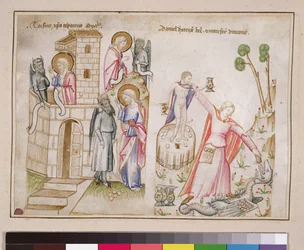 Ms 43-1950 (5v) Tentation du Christ, Daniel détruisant Bel, du Speculum Humanae Salvationis