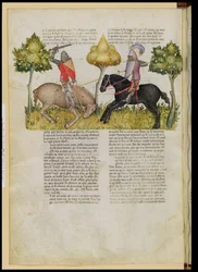 Ms Fr 343 fol.26v Le cheval de Sir Percival est tué, de la Queste del Saint Graal, c.1380-85