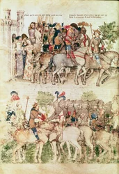 Ms Fr 343 fol.8v Arthur et ses chevaliers partant à la quête du Saint Graal, de la Queste del Saint Graal, c.1380-85