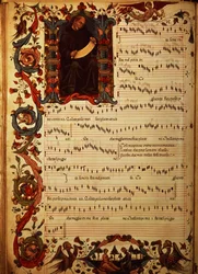 Page de notation musicale avec initiale historiée, du Codex Squarcialupi, produit au monastère florentin de S. Maria degli Angeli