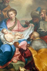 Scène de la Nativité. Adoration des mages. Fresque. Basilique Santa Maria delle Vigne. Gênes. Italie.
