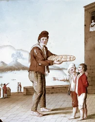 Petits métiers napolitains : le vendeur de « pasticciotti » (pâtisseries napolitaines) - (Ancien métier : le vendeur de biscuits). XIXe siècle - Naples, Museo Nazionale di San Martino.