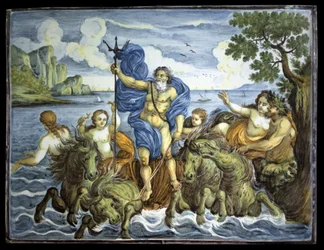 Neptune sur son char et avec un trident. Plaque rectangulaire, décoration de grand feu polychrome, réalisée à Castelli, Italie
