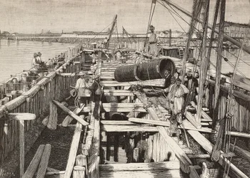 Nouveau aqueduc à Venise, pose du canal dans la lagune, Italie, gravure d