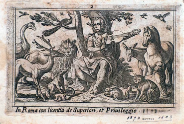 Orphée jouant parmi les animaux. (gravure sur bois)