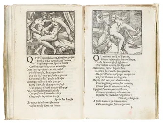 Page tirée de «Sonetti Lussuriosi» de Pietro Aretino, illustrée par Giulio Romano et gravée par Marcantonio Raimondi, publiée à Venise, vers 1527