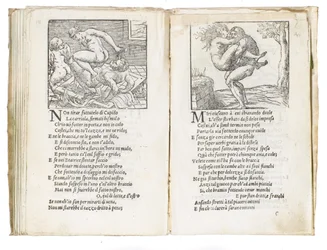 Page des « Sonetti Lussuriosi » de Pietro Aretino, illustrée par Giulio Romano et gravée par Marcantonio Raimondi, publiée à Venise, vers 1527