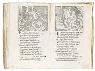 Page des « Sonetti Lussuriosi » de Pietro Aretino, illustrée par Giulio Romano et gravée par Marcantonio Raimondi, publiée à Venise, vers 1527