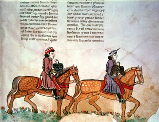 Pal Lat 1071 Frédéric II : Deux cavaliers avec des faucons, de De Arte Venandi cum Avibus