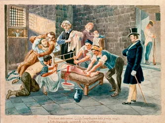 Patriote et membre de la Carboneria Pietro Maroncelli (1795-1846) amputé de sa jambe pendant son emprisonnement dans le pénitencier de la forteresse de Spielberg en Moravie. Estampe du XIXe siècle
