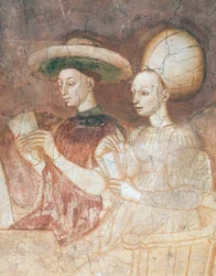 Jouer avec des cartes de tarot, scène du cycle des Jeux, vers 1445-1450, fresque, Palazzo Borromeo, Milan, Lombardie (détail)