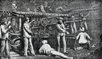 Machine de forage pneumatique créée par Giovanni Battista Piatti et perfectionnée par Germano Sommeiller (1815-1871), gravure, Italie