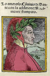 Portrait du poète italien Dante Alighieri (1265-1321). Gravure. Frontispice de « Il convivio » de 1554