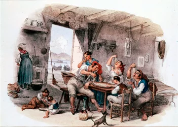 Probablement une famille napolitaine mangeant des macaronis avec les mains. Gravure anonyme du XIXe siècle. Rome, Museo Nazionale delle Paste Alimentari, Fondazione Agnesi