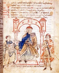 Représentation de la comtesse Mathilde de Canossa (ou comtesse Mathilde de Toscane) (1046 - 1115). « Vitas mathildis » par Donizone. Manuscrit du XIIIe siècle, Lucques, Bibl. Governativa