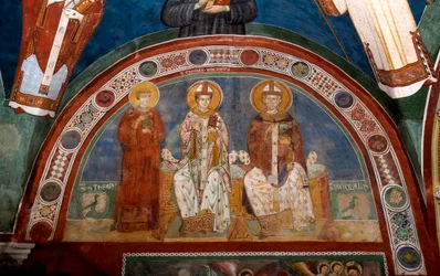 Représentation de Saint Étienne, martyr chrétien, Saint Thomas Becket (1118-1170), archevêque de Canterbury et Saint Nicolas de Myre ou Bari (270-345) Fresque anonyme (13ème siècle) Église inférieure. Monastère de Saint Benedetto (Sacro Speco), Subiaco (Ro