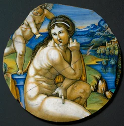 Représentation de Vénus. Plat en céramique produit à Faenza, Italie. Vers 1530, Florence, Museo Nazionale del Bargello