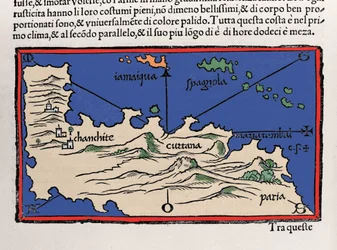Représentation des îles des Caraïbes et des côtes du Venezuela. Isolario (carte des îles) par Benedetto Bordone. Venise 1547