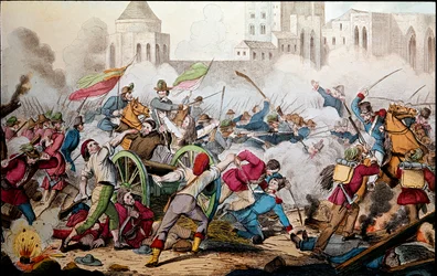 Risorgimento : Les combats de Palerme du 26 mai 1860. Expédition des Mille (chemises rouges). Giuseppe Garibaldi (1807-1882), entre Palerme et le peuple révolté, se joignit à celui-ci pour combattre les soldats du royaume bourbonien de Naples. Gravure du