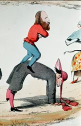 Dessin satirique représentant les héros du Risorgimento Giuseppe Garibaldi réglant la question romaine