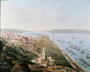 Risorgimento : les armées bourboniennes de Ferdinand II des Deux-Siciles à Messine, en Sicile, en août 1848, pour reconquérir la Sicile après les insurrections. Peinture anonyme. Museo Nazionale di San Martino, Naples