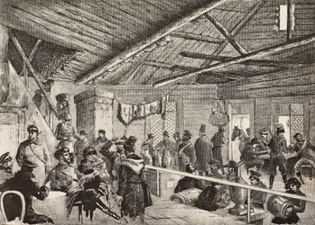 Soldats russes dans une taverne près des fortifications de Varsovie, Pologne, gravure d